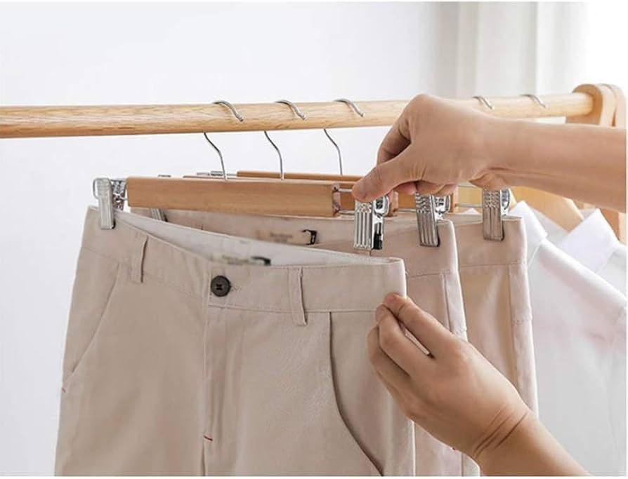 12 Cintres en Bois de Haute Qualité avec Clips en Acier Inoxydable pour Jupe et Pantalon