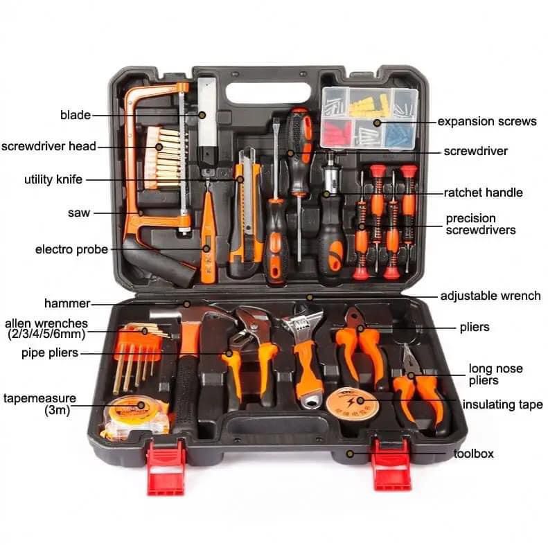 Trousse d'outils ménagers généraux avec boîte à outils en plastique matériel et ensemble d'outils.