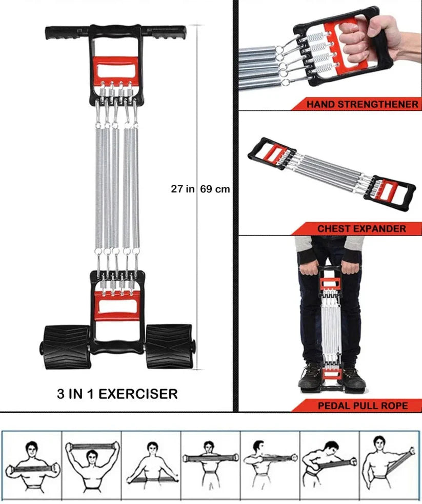 Appareil de fitness trois en un, extenseur de poitrine à ressort, rehausseur de force de préhension, pédale, corde de traction avec 5 ressorts métalliques