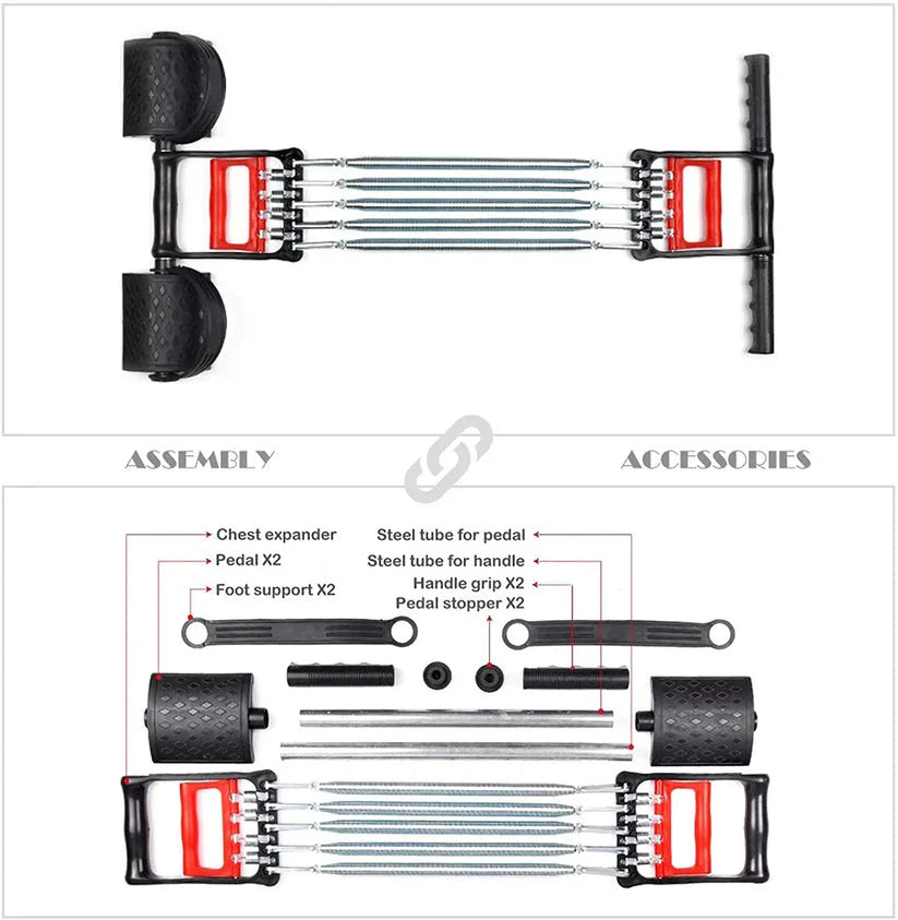 Appareil de fitness trois en un, extenseur de poitrine à ressort, rehausseur de force de préhension, pédale, corde de traction avec 5 ressorts métalliques